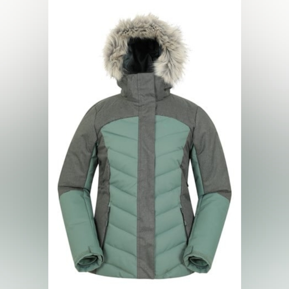 Mountain Warehouse Snow Coat Gray Green Fur Hooded Jacket Women's Size 8 Ski